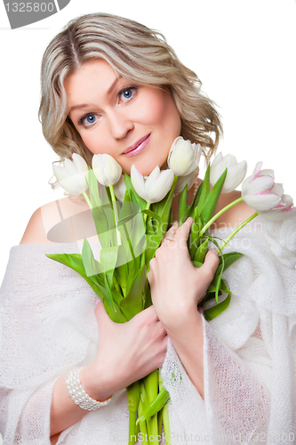 Image of blonde woman with bouquet of tulips