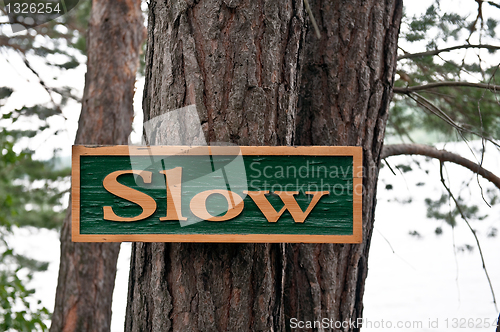 Image of Sign to slow on the tree
