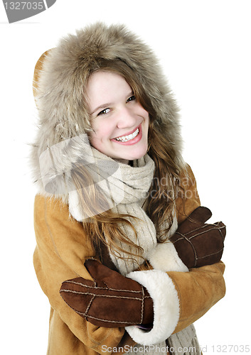 Image of Happy winter girl in hood