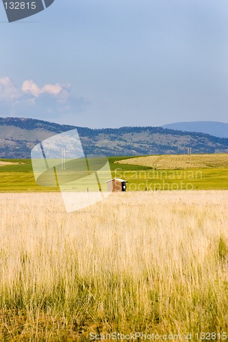 Image of Field in Helena with a Shed and Mountains on the Background