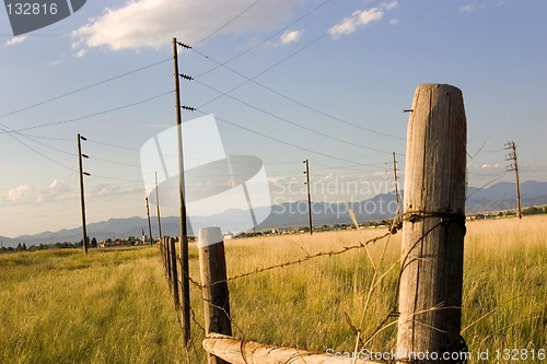 Image of Fence in the Field with Blue Background