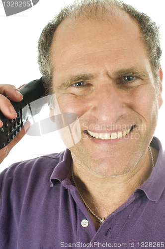 Image of man middle age happy smiling  telephone conversation customer se