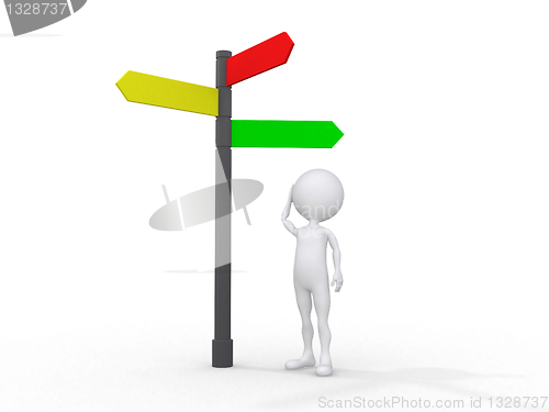 Image of 3d people icon surrounded by directional signs, this is a 3d ren