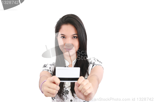 Image of woman with a credit card on her hand, focus on woman