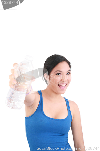 Image of woman in sportswear drinking water, isolated on white 