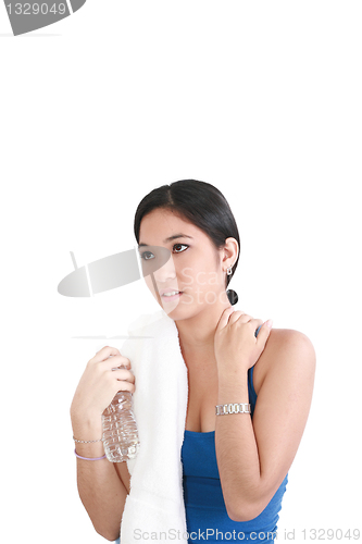 Image of young woman with a bottle of water, isolated on white 