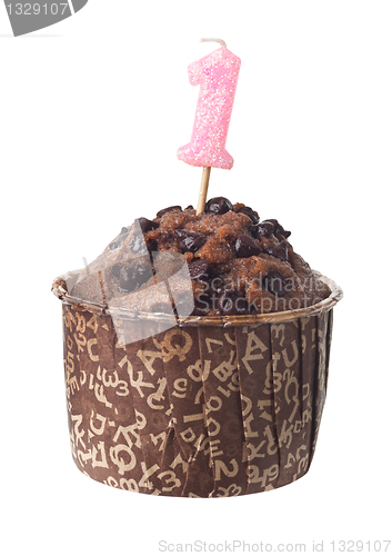 Image of Chocolate muffin with birthday candle for one year old