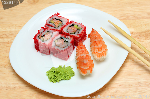 Image of rolls and sushi on plate