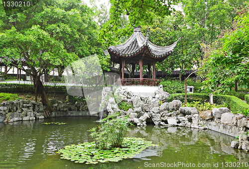 Image of chinese garden with pool and pavilion