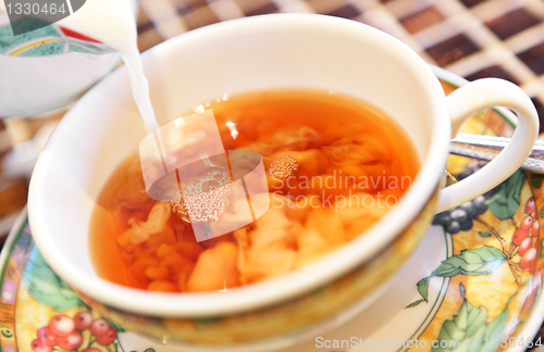 Image of Pouring milk from jug into cup of tea