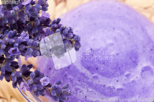 Image of Lavender flowers and jar of glass with peeling