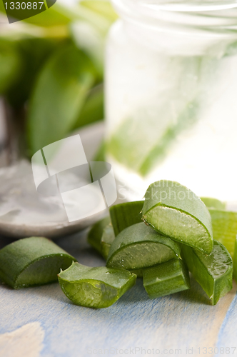 Image of aloe vera juice with fresh leaves