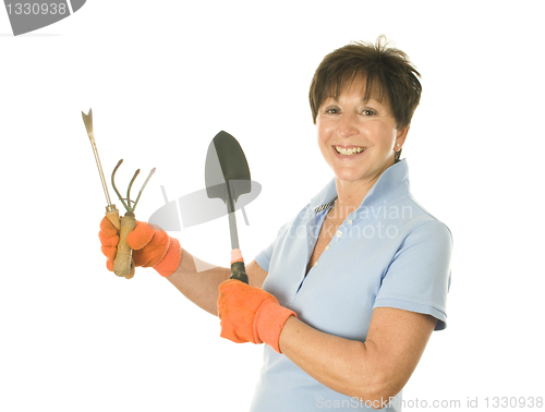Image of female gardener gardening tools
