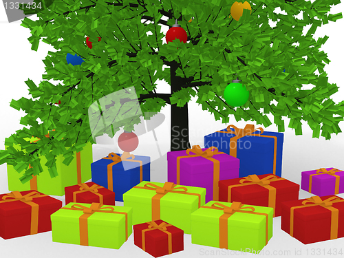 Image of Christmas gifts under decorated Christmas tree 