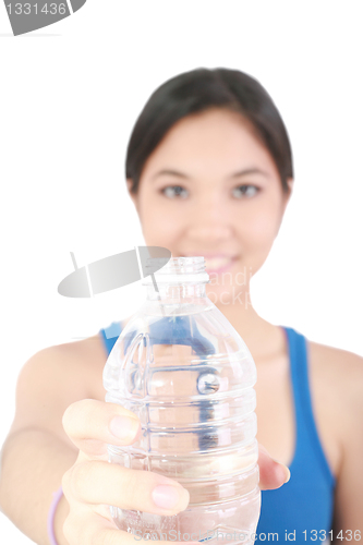 Image of girl hold bottle of pure still drinking water nutrition facts