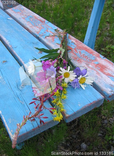 Image of Flowers on old bench