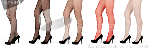 Image of A collage of five pairs of female legs in pantyhose and shoes 
