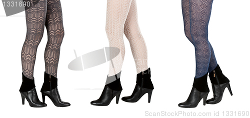 Image of A collage made up of three pairs of female legs in pantyhose and