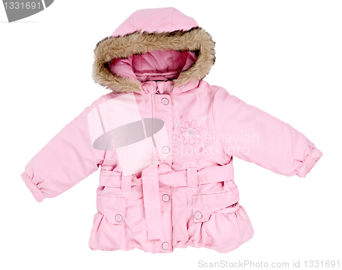 Image of pink winter jacket with fur baby on the hood