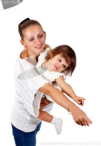 Image of little girl in the arms of my mother, point the finger