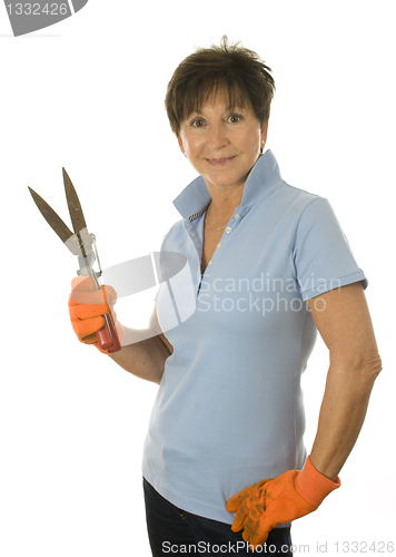 Image of female middle age senior woman gardener hand tool grass clippers