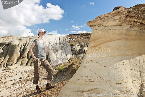 Image of Hiker in badlands of Alberta, Canada