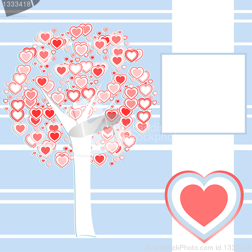Image of stylized love tree made of red hearts background