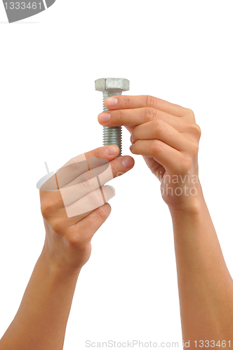 Image of  Hands of young woman holding bolt – connection concept - clipping path included