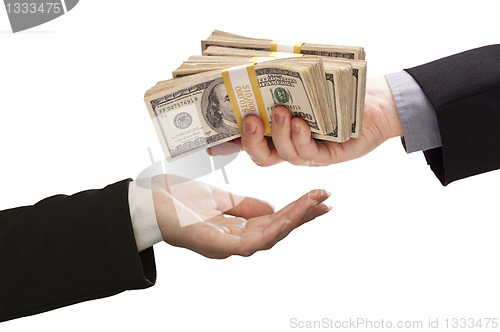 Image of Handing Over Cash to Other Hand on White