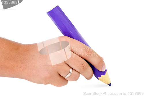 Image of Hand with big violet wooden pencil