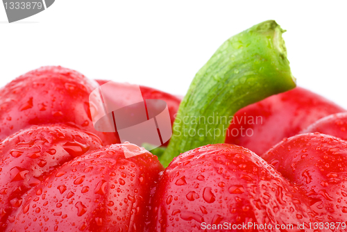 Image of Sweet red bell pepper with waterdrops closeup