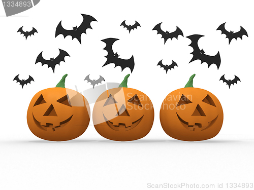 Image of Halloween pumpkin & bats on white background 