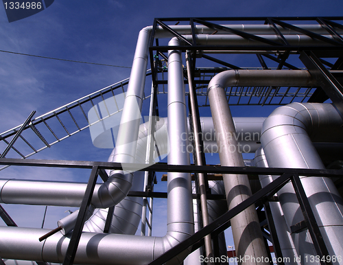 Image of Industrial zone, Steel pipelines in blue tones