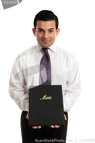 Image of Business owner or waiter presenting a menu folder