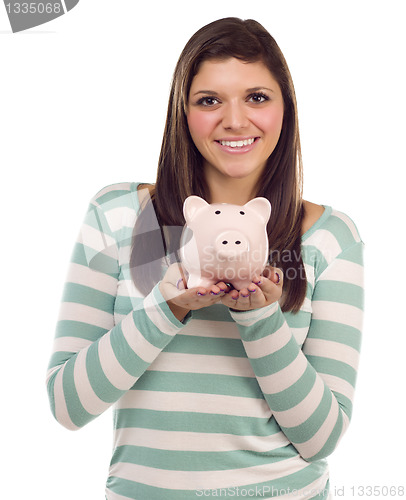 Image of Ethnic Female Holding Piggy Bank on White