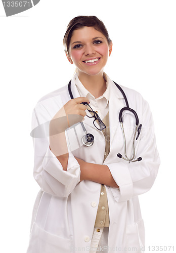 Image of Pretty Smiling Ethnic Female Doctor or Nurse on White