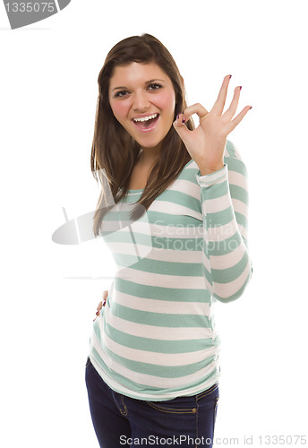 Image of Smiling Ethnic Female with Okay Hand Sign on White