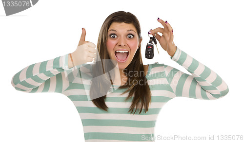 Image of Ethnic Female with Car Keys and Thumbs Up on White