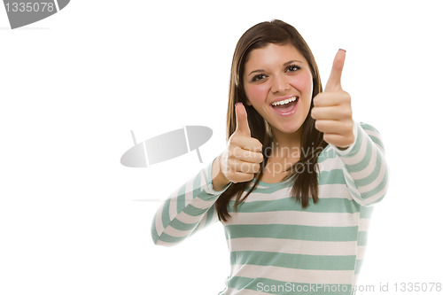 Image of Excited Ethnic Female with Thumbs Up on White