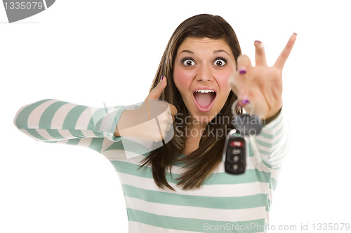 Image of Ethnic Female with Car Keys and Thumbs Up on White