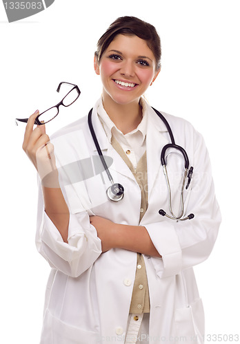 Image of Pretty Smiling Ethnic Female Doctor or Nurse on White