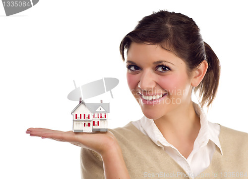 Image of Ethnic Female with Small House on White