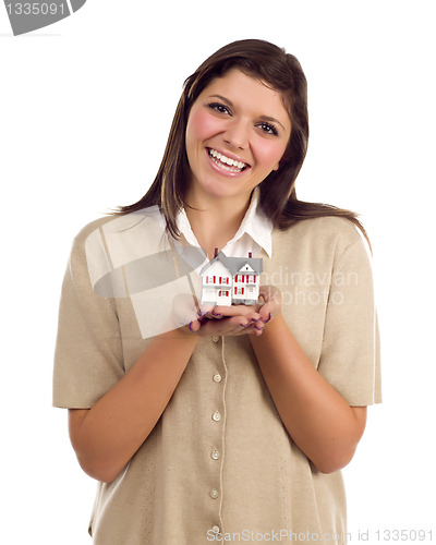 Image of Ethnic Female with Small House on White