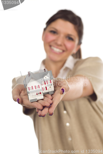 Image of Ethnic Female with Small House on White