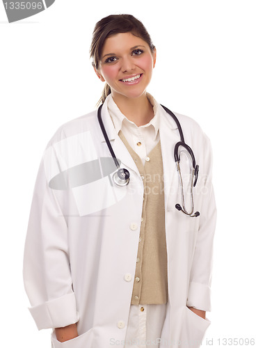 Image of Pretty Smiling Ethnic Female Doctor or Nurse on White