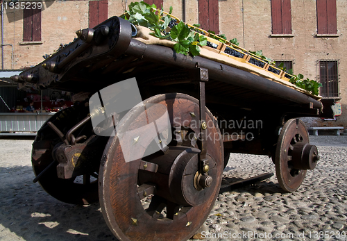 Image of Old wooden wagon loaded with blue grapes