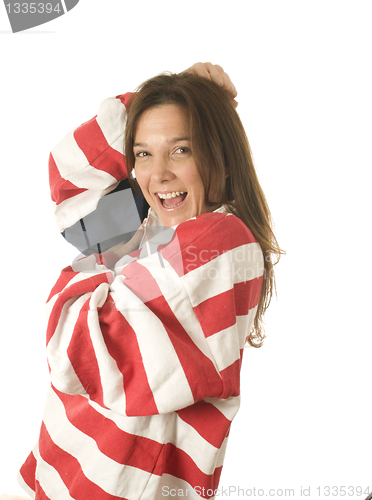 Image of patriotic American woman with USA flag