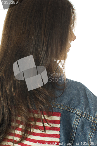 Image of patriotic American woman with USA flag