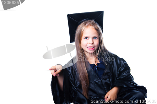 Image of cute girl in black academic capand gown