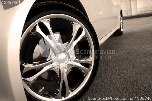 Image of Close up wheel of a spots car